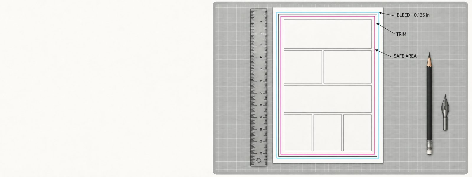 Diagram of a comic page showing trim, bleed, and safe-area guides.